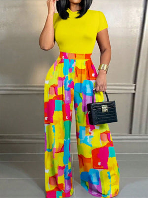 2pcs Women's Summer Yellow T-Shirt And Colorblock Wide Leg Pants Set - Negative Apparel