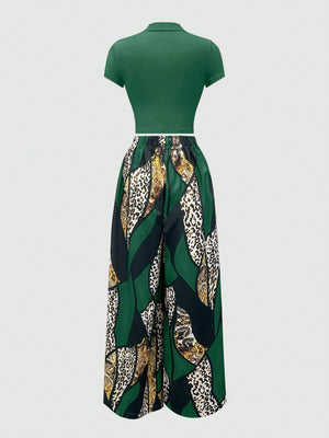 2pcs Women's Summer Yellow T-Shirt And Colorblock Wide Leg Pants Set - Negative Apparel