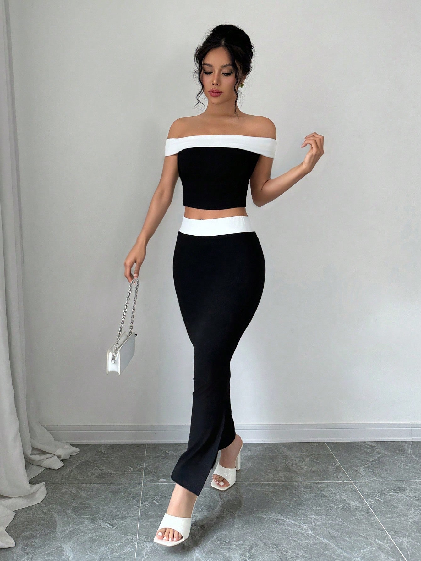 2pcs/Set Black And White Contrast Color Knit Elastic Top And Skirt Set, Off - Shoulder Top + Mini Skirt - Negative Apparel