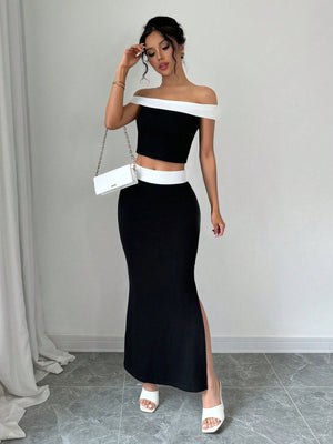 2pcs/Set Black And White Contrast Color Knit Elastic Top And Skirt Set, Off - Shoulder Top + Mini Skirt - Negative Apparel
