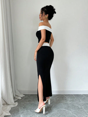 2pcs/Set Black And White Contrast Color Knit Elastic Top And Skirt Set, Off - Shoulder Top + Mini Skirt - Negative Apparel