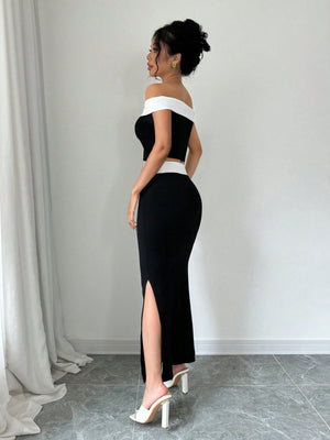 2pcs/Set Black And White Contrast Color Knit Elastic Top And Skirt Set, Off - Shoulder Top + Mini Skirt - Negative Apparel