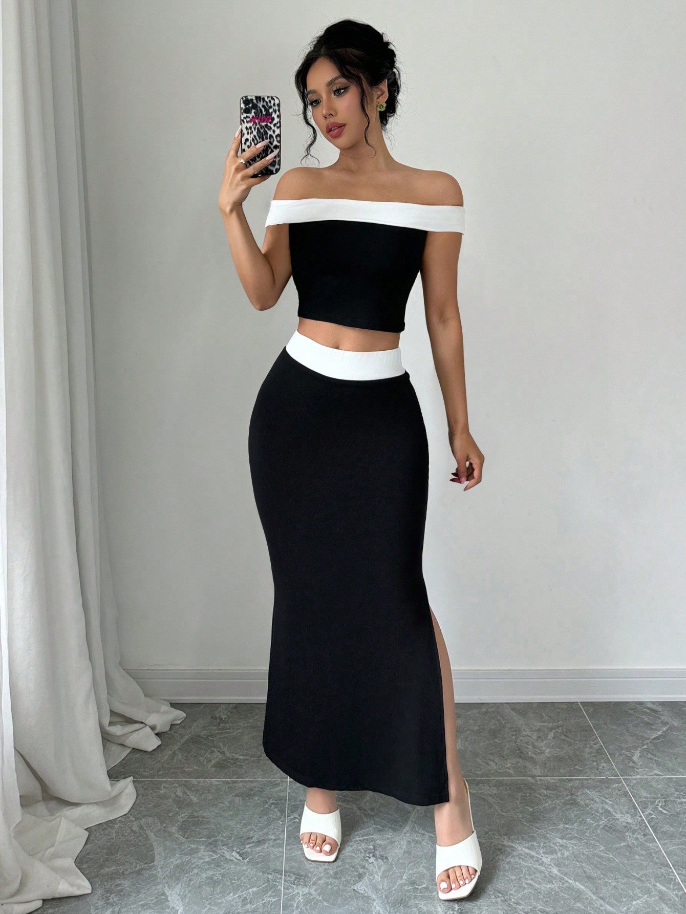 2pcs/Set Black And White Contrast Color Knit Elastic Top And Skirt Set, Off - Shoulder Top + Mini Skirt - Negative Apparel