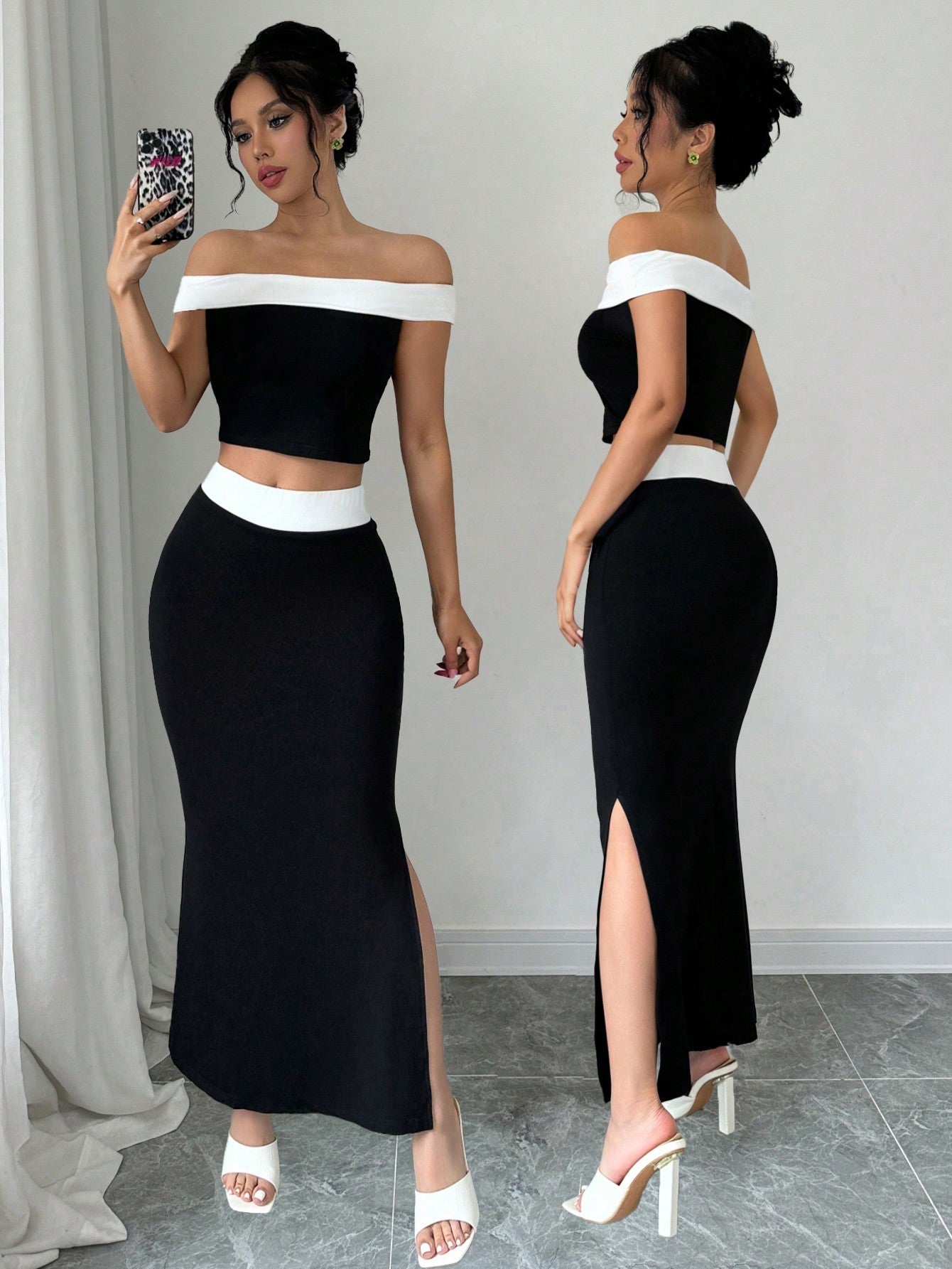 2pcs/Set Black And White Contrast Color Knit Elastic Top And Skirt Set, Off - Shoulder Top + Mini Skirt - Negative Apparel