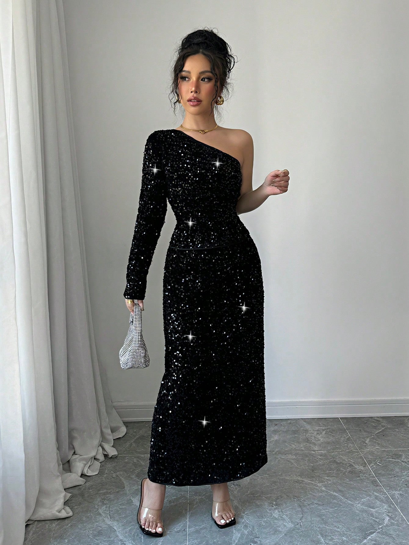 2pcs/Set Elegant Black Sequin Blouse & Straight Style Slim Fit Long Dress, Fashionable Women Outfit - Negative Apparel