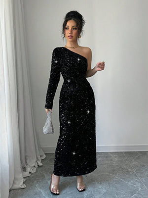 2pcs/Set Elegant Black Sequin Blouse & Straight Style Slim Fit Long Dress, Fashionable Women Outfit - Negative Apparel