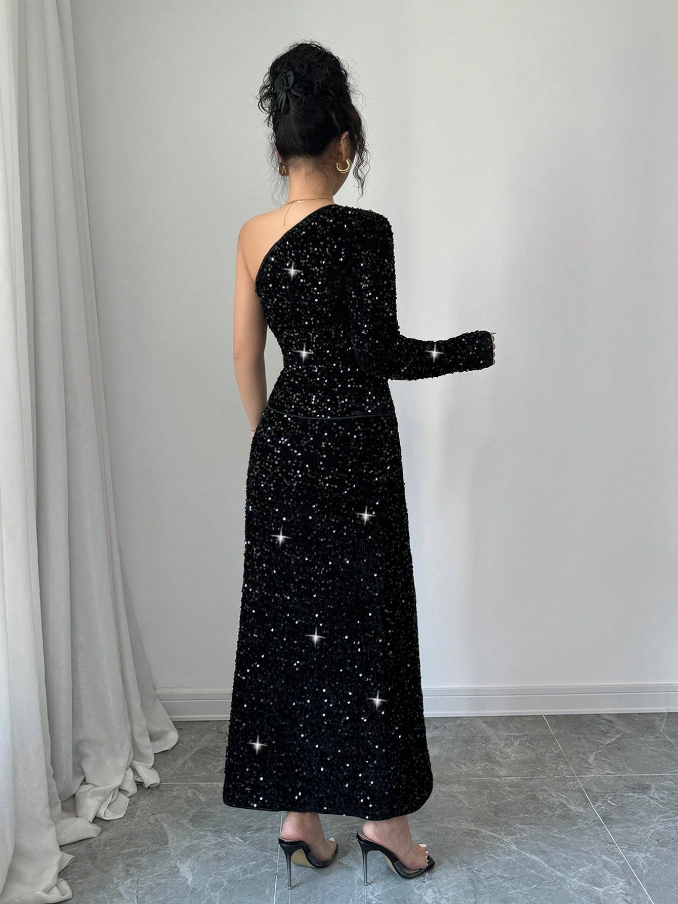 2pcs/Set Elegant Black Sequin Blouse & Straight Style Slim Fit Long Dress, Fashionable Women Outfit - Negative Apparel