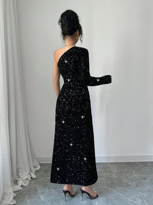 2pcs/Set Elegant Black Sequin Blouse & Straight Style Slim Fit Long Dress, Fashionable Women Outfit - Negative Apparel