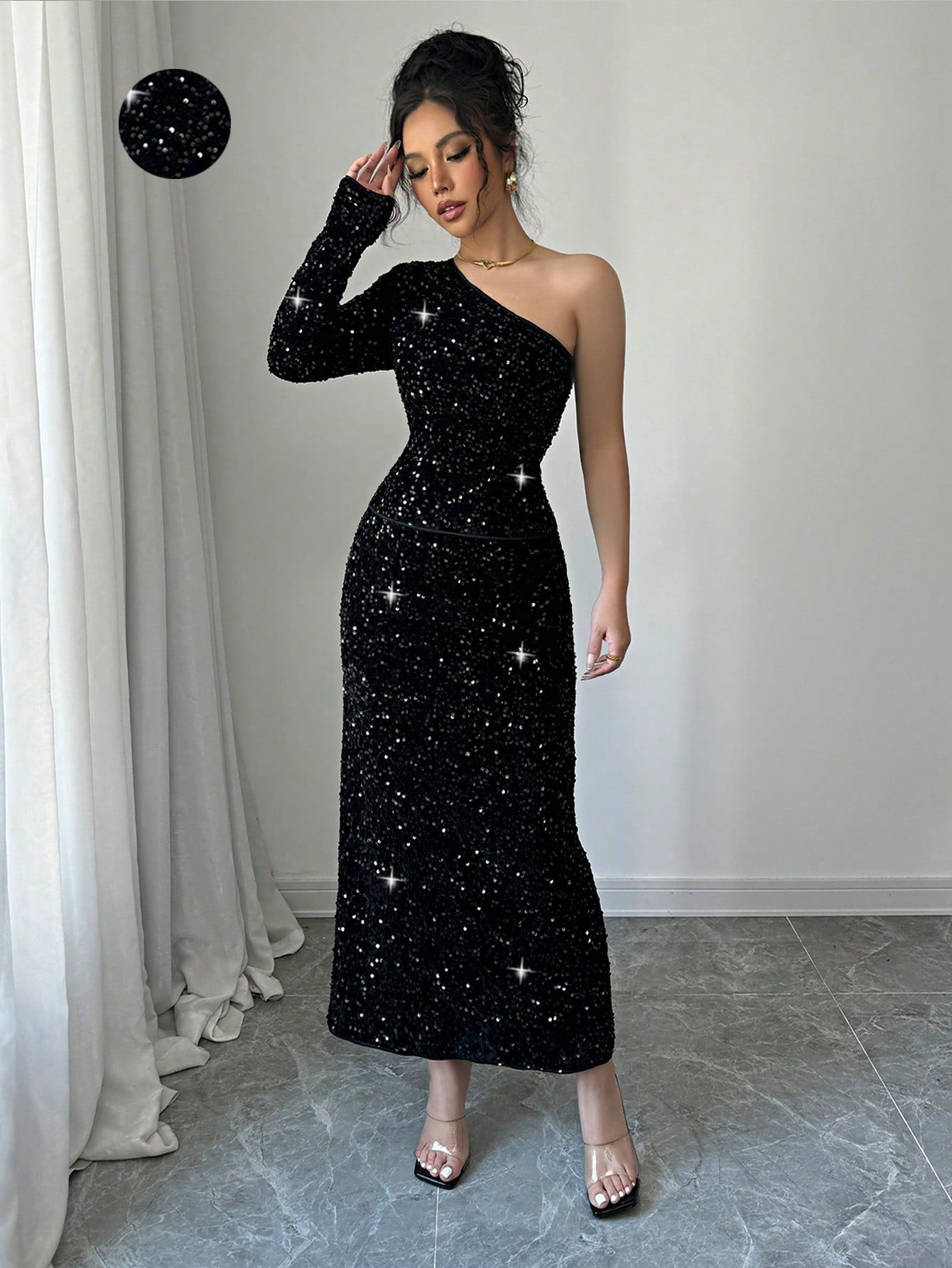 2pcs/Set Elegant Black Sequin Blouse & Straight Style Slim Fit Long Dress, Fashionable Women Outfit - Negative Apparel