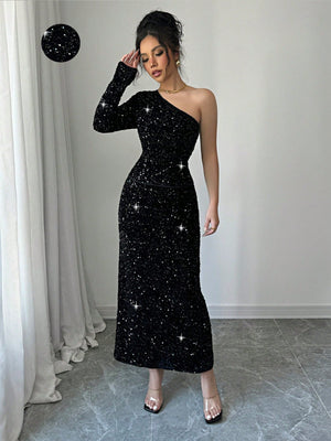 2pcs/Set Elegant Black Sequin Blouse & Straight Style Slim Fit Long Dress, Fashionable Women Outfit - Negative Apparel