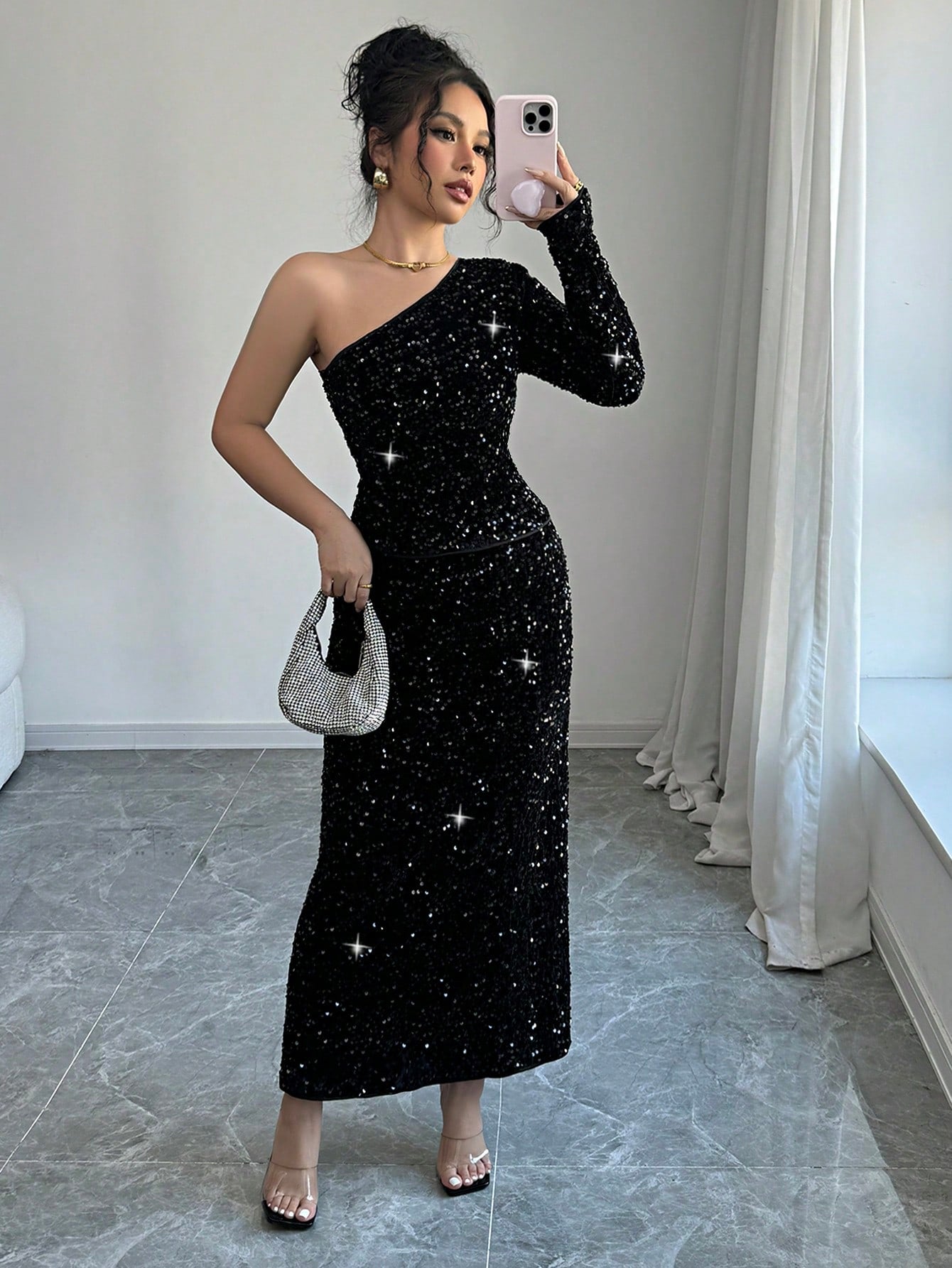 2pcs/Set Elegant Black Sequin Blouse & Straight Style Slim Fit Long Dress, Fashionable Women Outfit - Negative Apparel