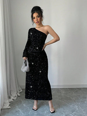 2pcs/Set Elegant Black Sequin Blouse & Straight Style Slim Fit Long Dress, Fashionable Women Outfit - Negative Apparel