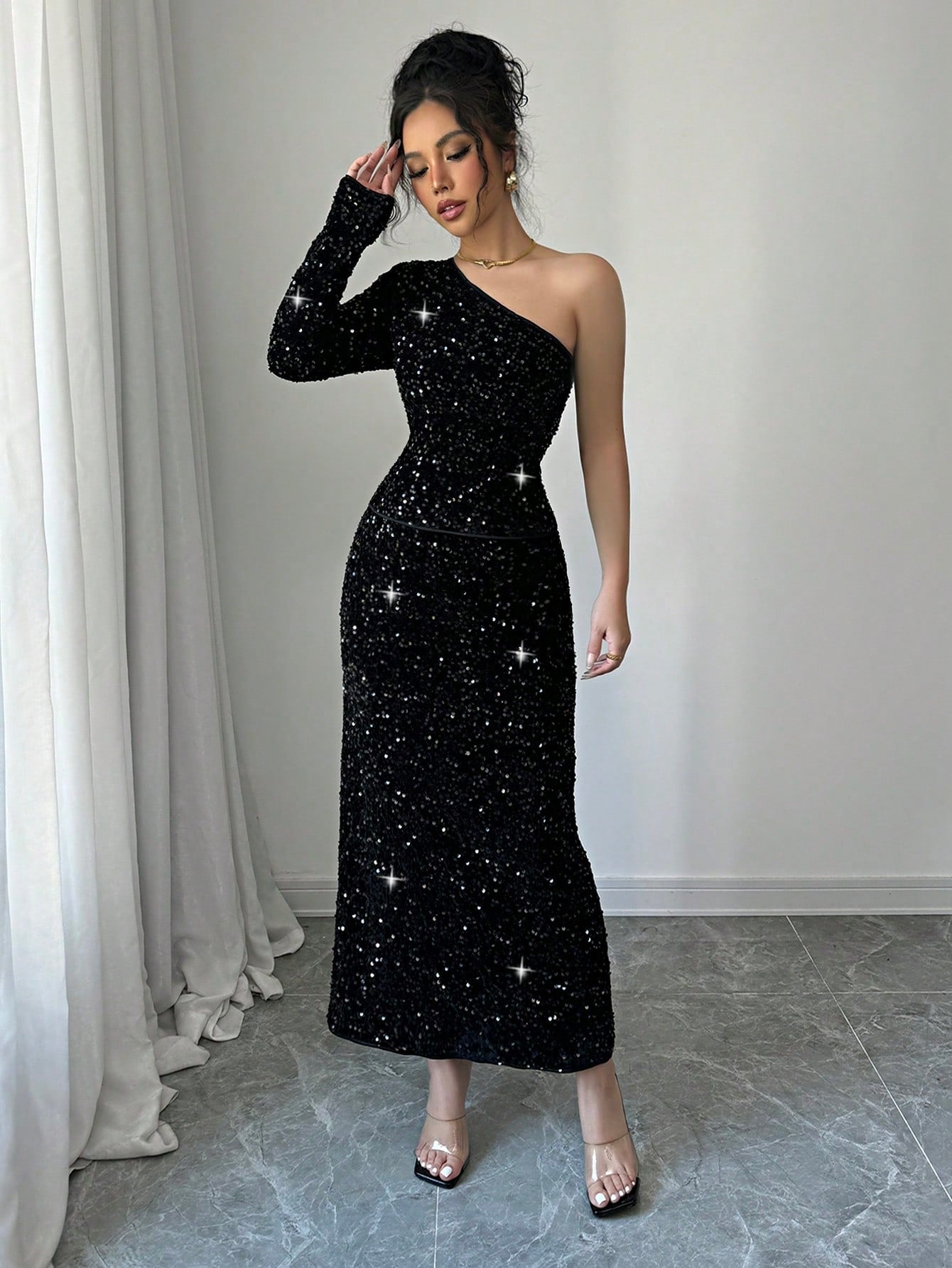 2pcs/Set Elegant Black Sequin Blouse & Straight Style Slim Fit Long Dress, Fashionable Women Outfit - Negative Apparel