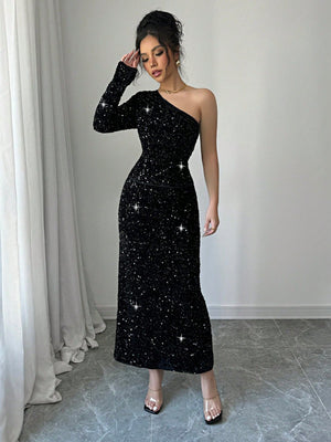 2pcs/Set Elegant Black Sequin Blouse & Straight Style Slim Fit Long Dress, Fashionable Women Outfit - Negative Apparel