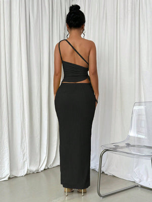 2pcs/Set One Shoulder Cutout Drawstring Top And Skirt - Negative Apparel