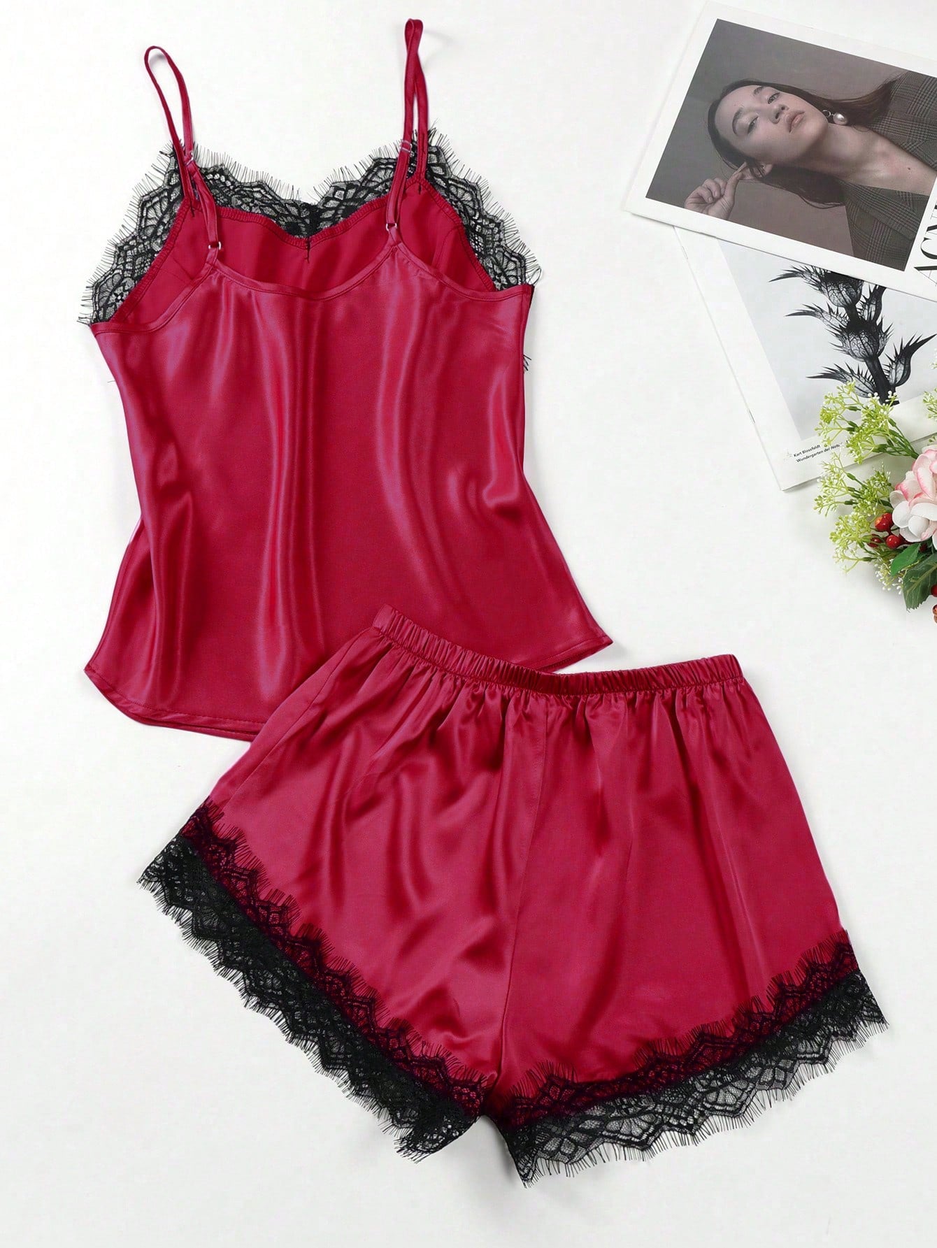 2pcs/Set Silk Imitation Lace Splicing Camisole & Shorts Homewear - Negative Apparel