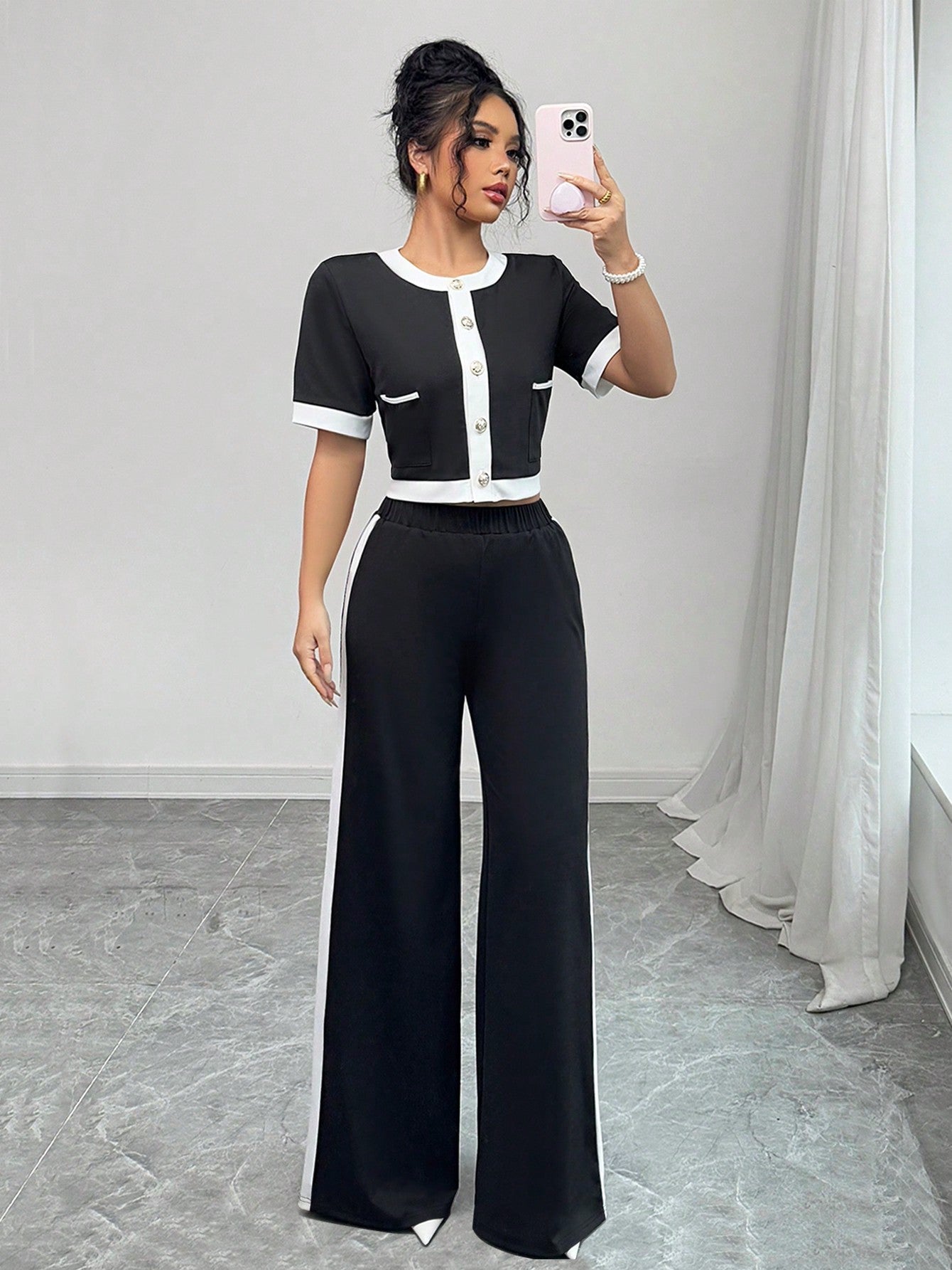 2pcs/Set Women Color Block Round Neck Button Decor Short Sleeve Top & Pants Set - Negative Apparel