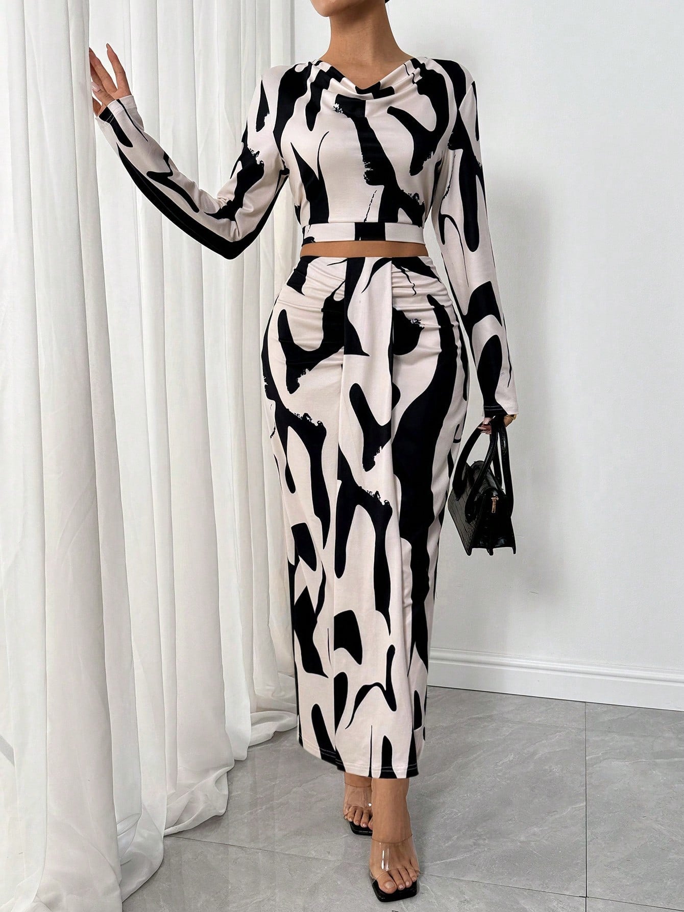 2pcs/Set Women Elastic Print Material High Neck Gathered Dress - Negative Apparel