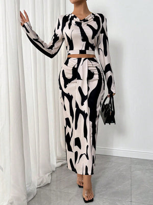 2pcs/Set Women Elastic Print Material High Neck Gathered Dress - Negative Apparel