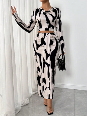 2pcs/Set Women Elastic Print Material High Neck Gathered Dress - Negative Apparel