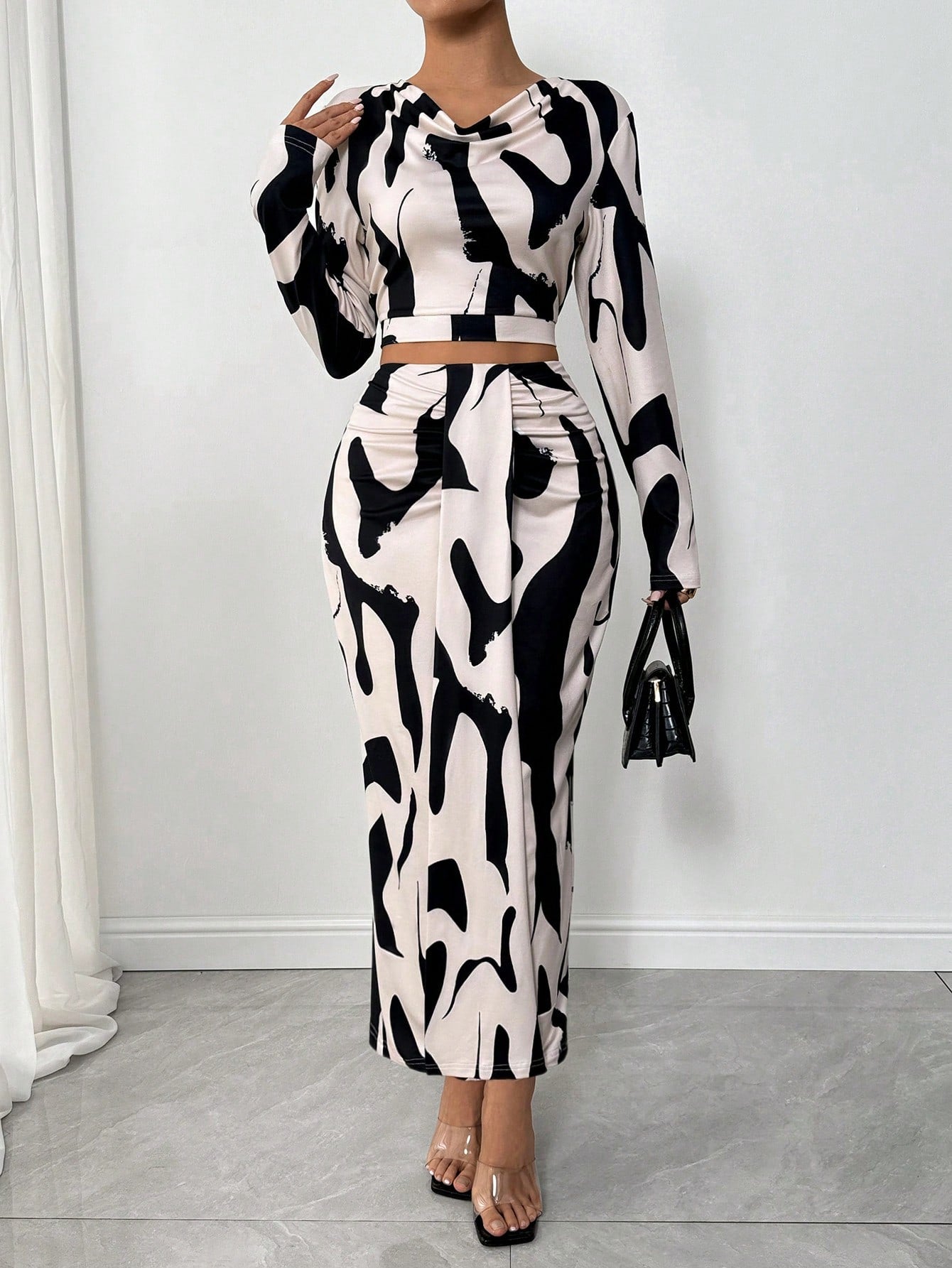 2pcs/Set Women Elastic Print Material High Neck Gathered Dress - Negative Apparel