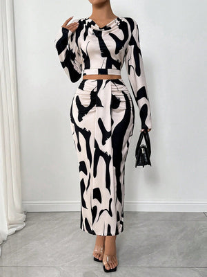 2pcs/Set Women Elastic Print Material High Neck Gathered Dress - Negative Apparel