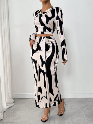 2pcs/Set Women Elastic Print Material High Neck Gathered Dress - Negative Apparel