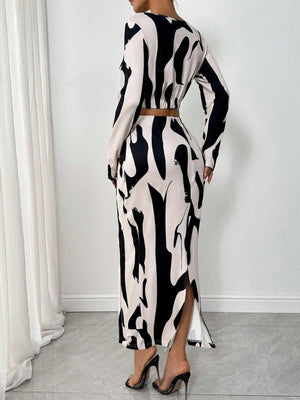 2pcs/Set Women Elastic Print Material High Neck Gathered Dress - Negative Apparel