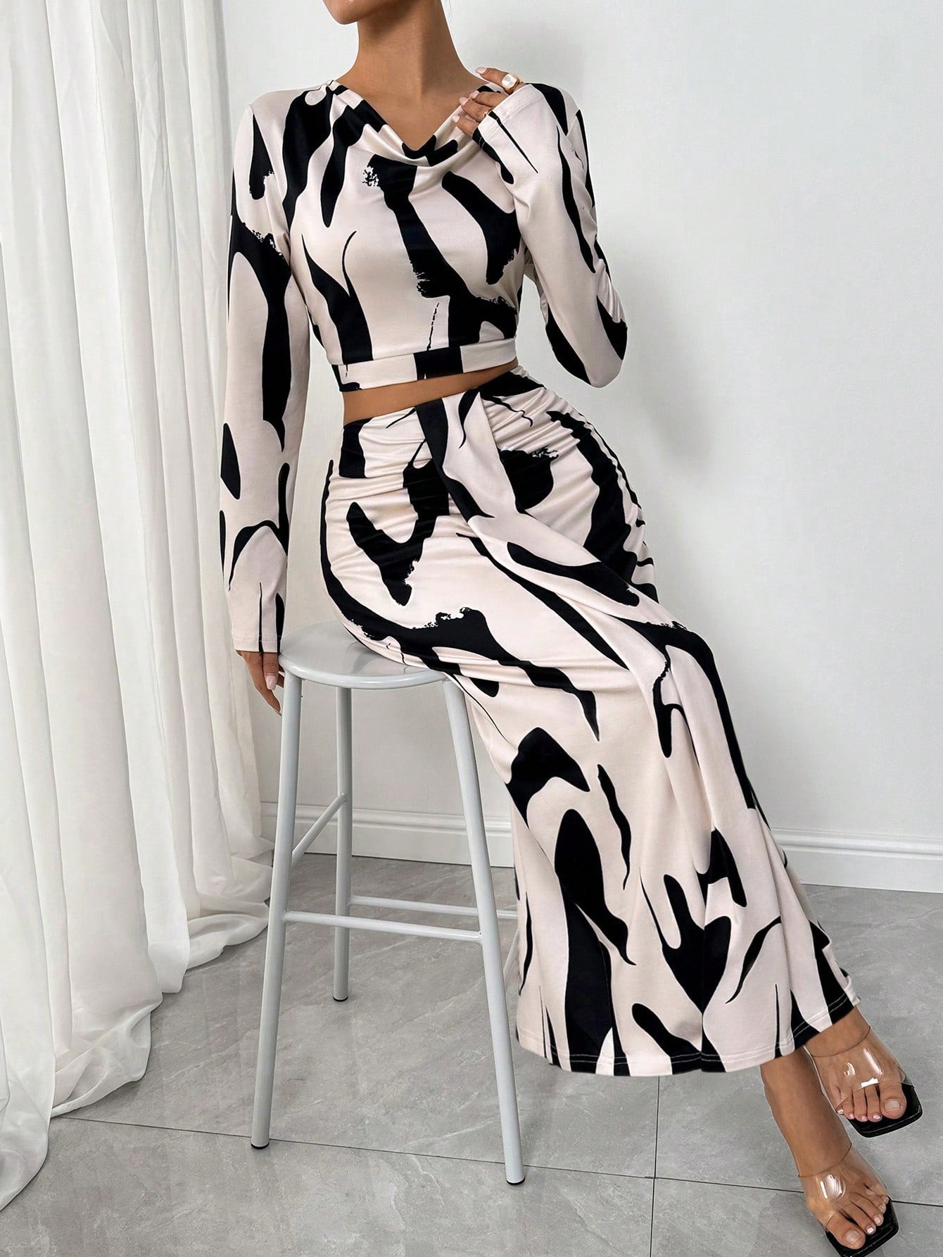 2pcs/Set Women Elastic Print Material High Neck Gathered Dress - Negative Apparel