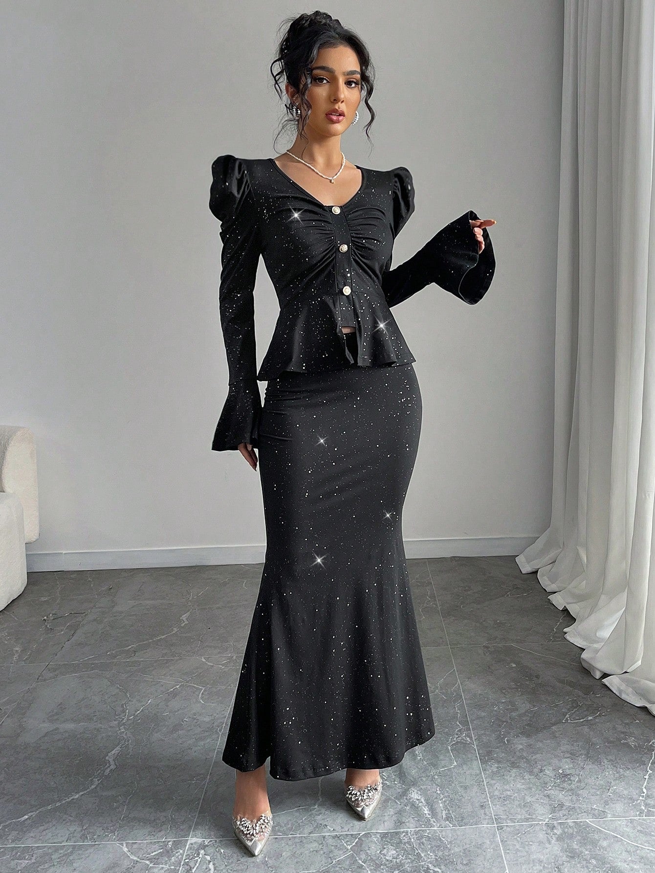 2pcs/Set Women Elegant Glittering V - Neck Ruffle Sleeve Blouse And Wrap Mermaid Skirt - Negative Apparel
