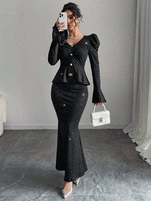2pcs/Set Women Elegant Glittering V - Neck Ruffle Sleeve Blouse And Wrap Mermaid Skirt - Negative Apparel
