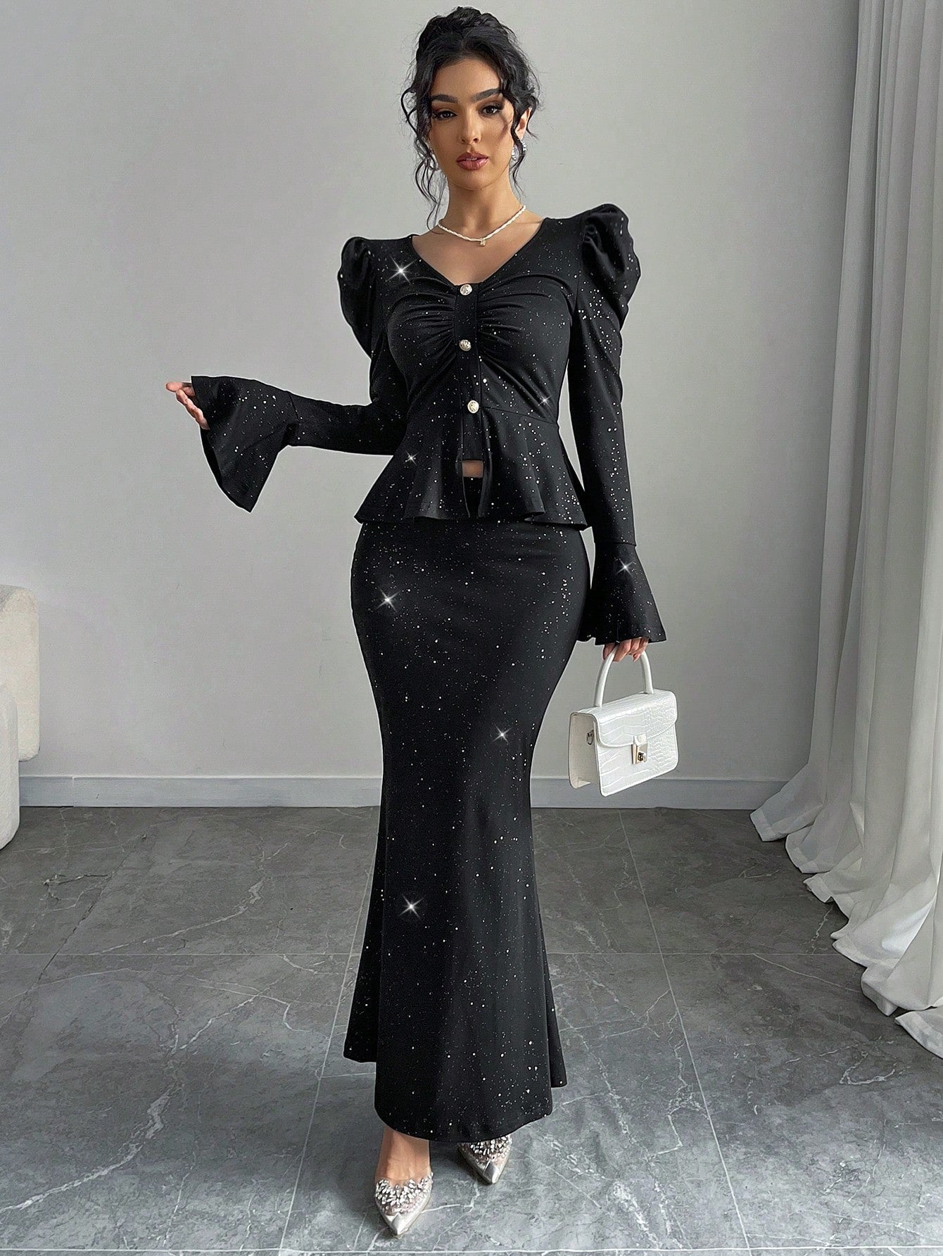 2pcs/Set Women Elegant Glittering V - Neck Ruffle Sleeve Blouse And Wrap Mermaid Skirt - Negative Apparel