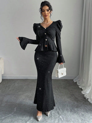 2pcs/Set Women Elegant Glittering V - Neck Ruffle Sleeve Blouse And Wrap Mermaid Skirt - Negative Apparel