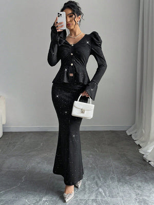 2pcs/Set Women Elegant Glittering V - Neck Ruffle Sleeve Blouse And Wrap Mermaid Skirt - Negative Apparel