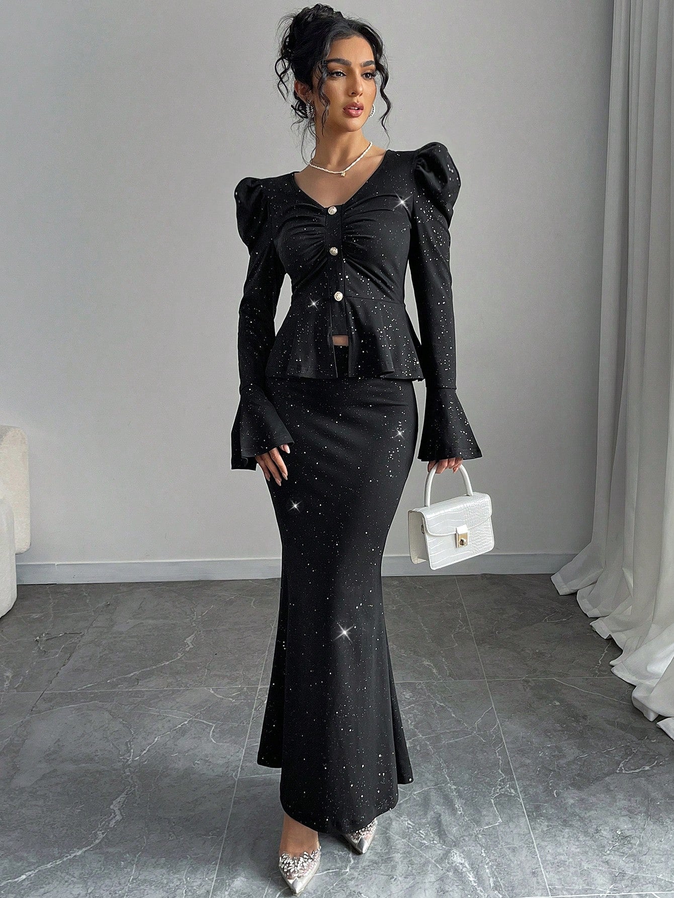 2pcs/Set Women Elegant Glittering V - Neck Ruffle Sleeve Blouse And Wrap Mermaid Skirt - Negative Apparel