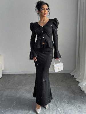 2pcs/Set Women Elegant Glittering V - Neck Ruffle Sleeve Blouse And Wrap Mermaid Skirt - Negative Apparel