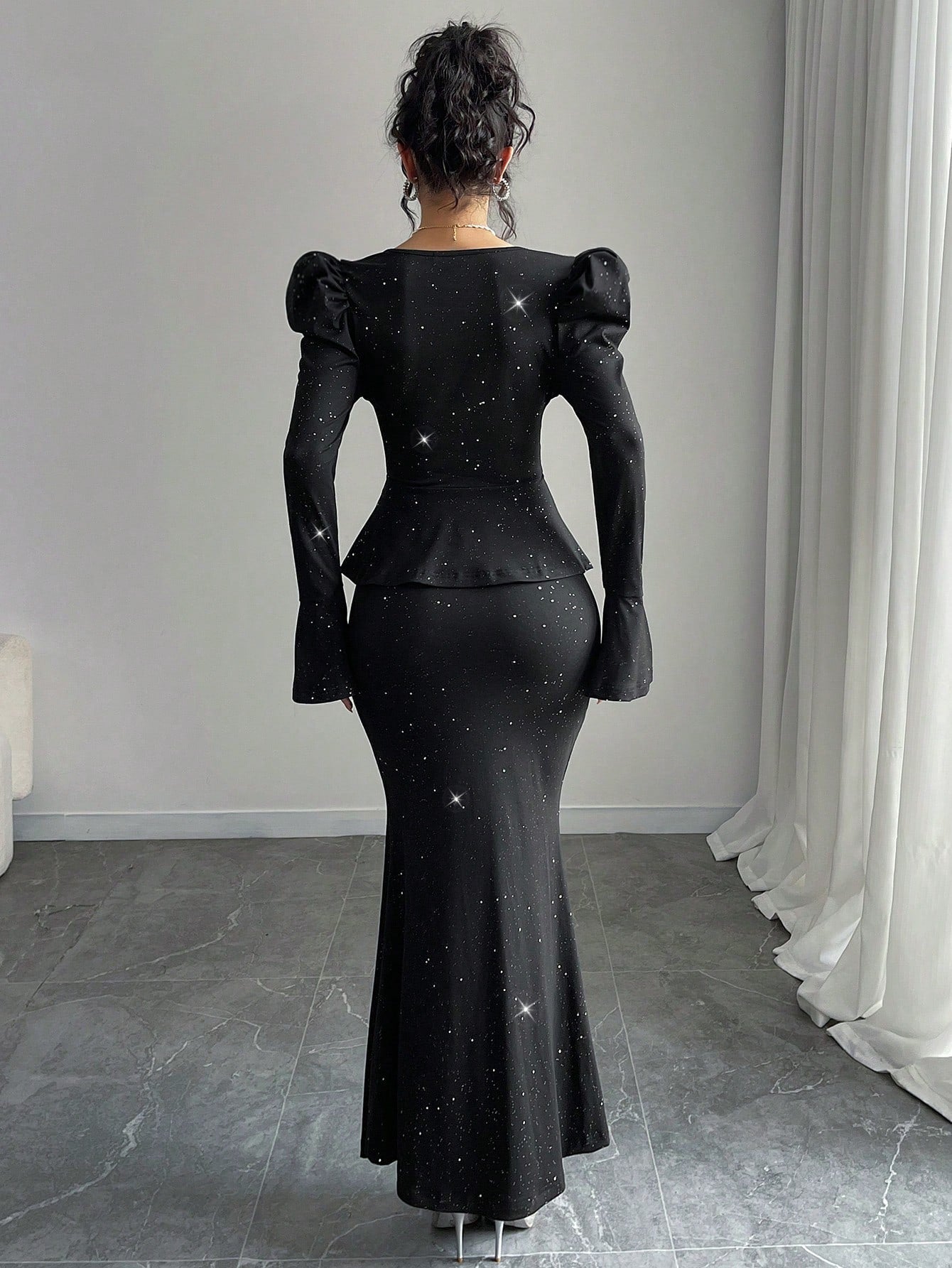 2pcs/Set Women Elegant Glittering V - Neck Ruffle Sleeve Blouse And Wrap Mermaid Skirt - Negative Apparel