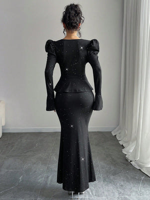 2pcs/Set Women Elegant Glittering V - Neck Ruffle Sleeve Blouse And Wrap Mermaid Skirt - Negative Apparel