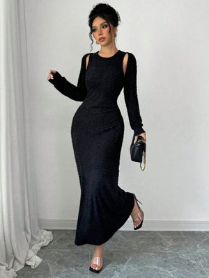 2pcs/Set Women Elegant Solid Color Mermaid Sleeveless Long Dress & Shawl Collar Top - Negative Apparel