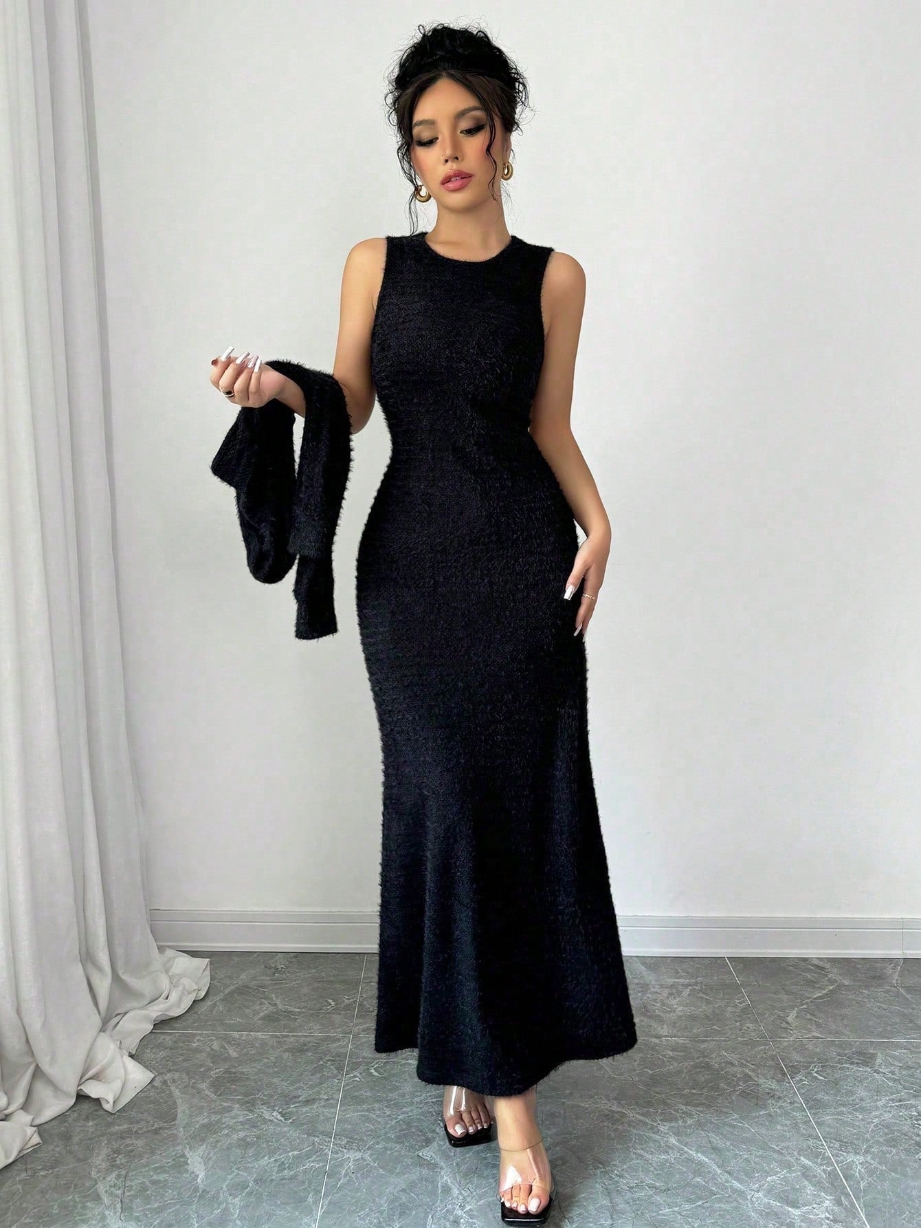 2pcs/Set Women Elegant Solid Color Mermaid Sleeveless Long Dress & Shawl Collar Top - Negative Apparel