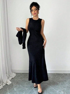 2pcs/Set Women Elegant Solid Color Mermaid Sleeveless Long Dress & Shawl Collar Top - Negative Apparel