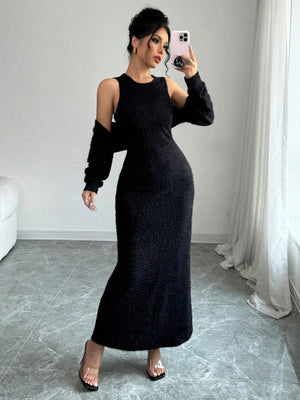 2pcs/Set Women Elegant Solid Color Mermaid Sleeveless Long Dress & Shawl Collar Top - Negative Apparel