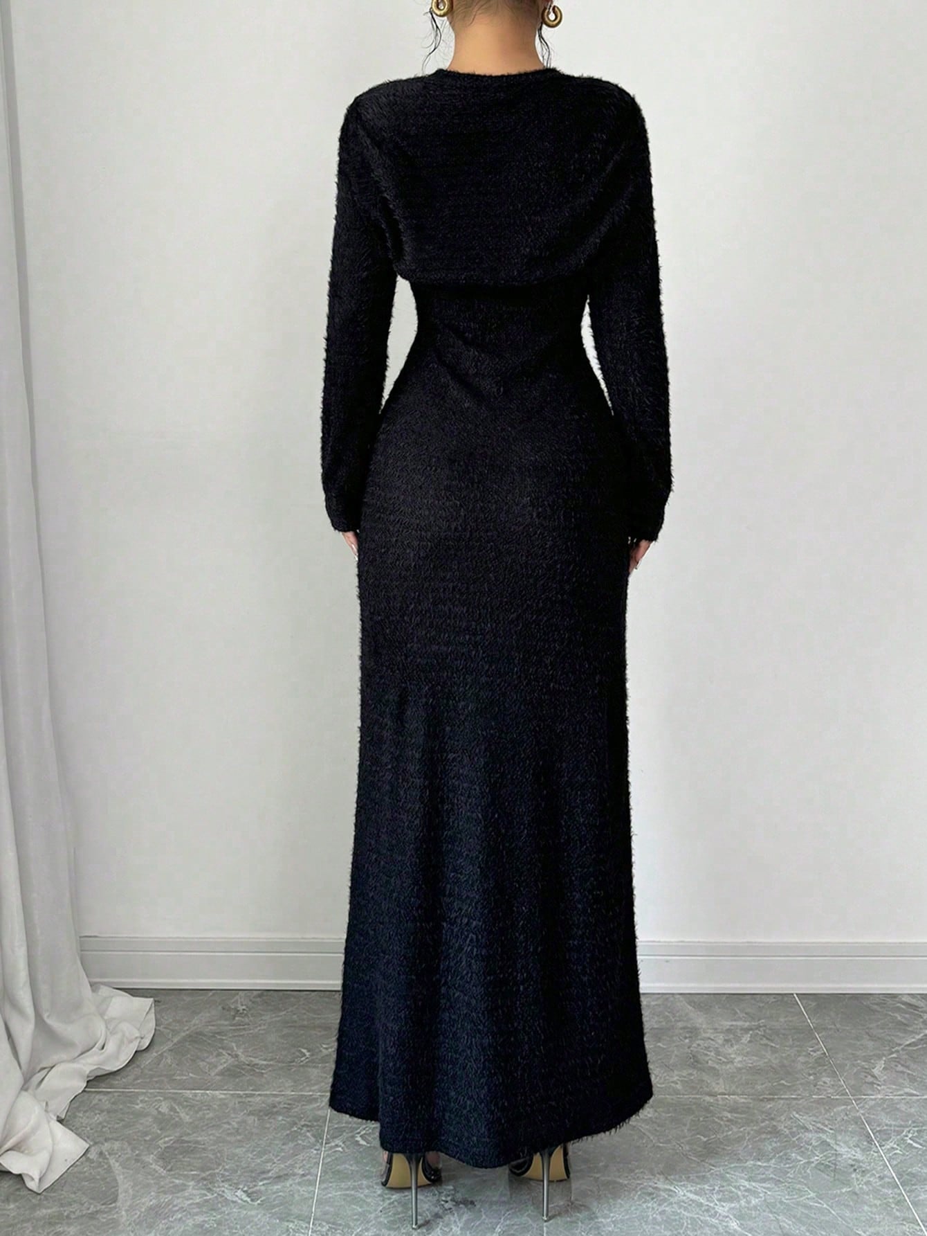 2pcs/Set Women Elegant Solid Color Mermaid Sleeveless Long Dress & Shawl Collar Top - Negative Apparel