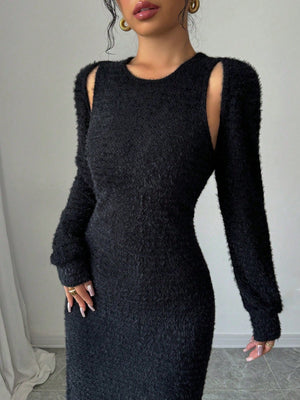 2pcs/Set Women Elegant Solid Color Mermaid Sleeveless Long Dress & Shawl Collar Top - Negative Apparel