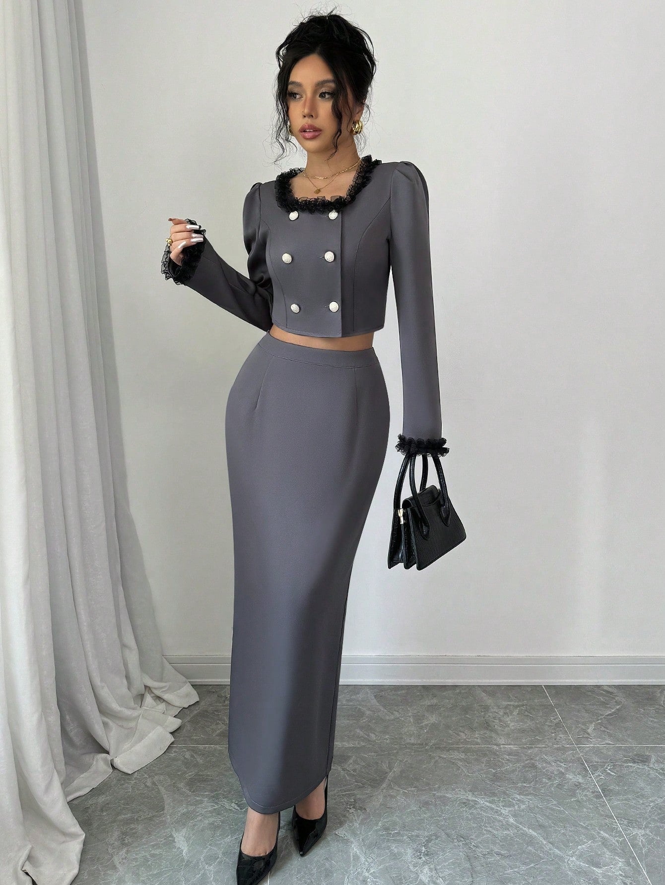 2pcs/Set Women Lace Trim Button Waist Decorated Long Sleeve Top And Skirt, Elegant Outfit - Negative Apparel