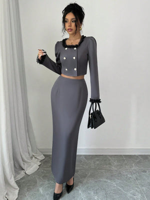 2pcs/Set Women Lace Trim Button Waist Decorated Long Sleeve Top And Skirt, Elegant Outfit - Negative Apparel