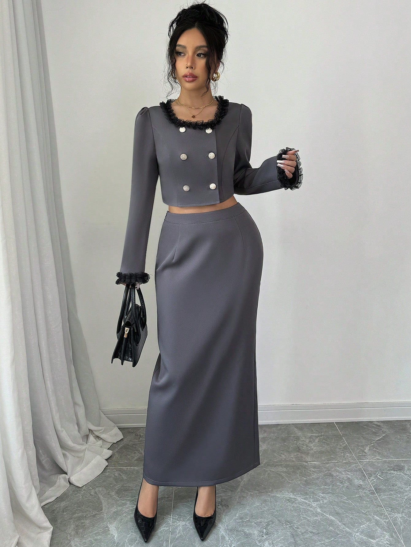 2pcs/Set Women Lace Trim Button Waist Decorated Long Sleeve Top And Skirt, Elegant Outfit - Negative Apparel