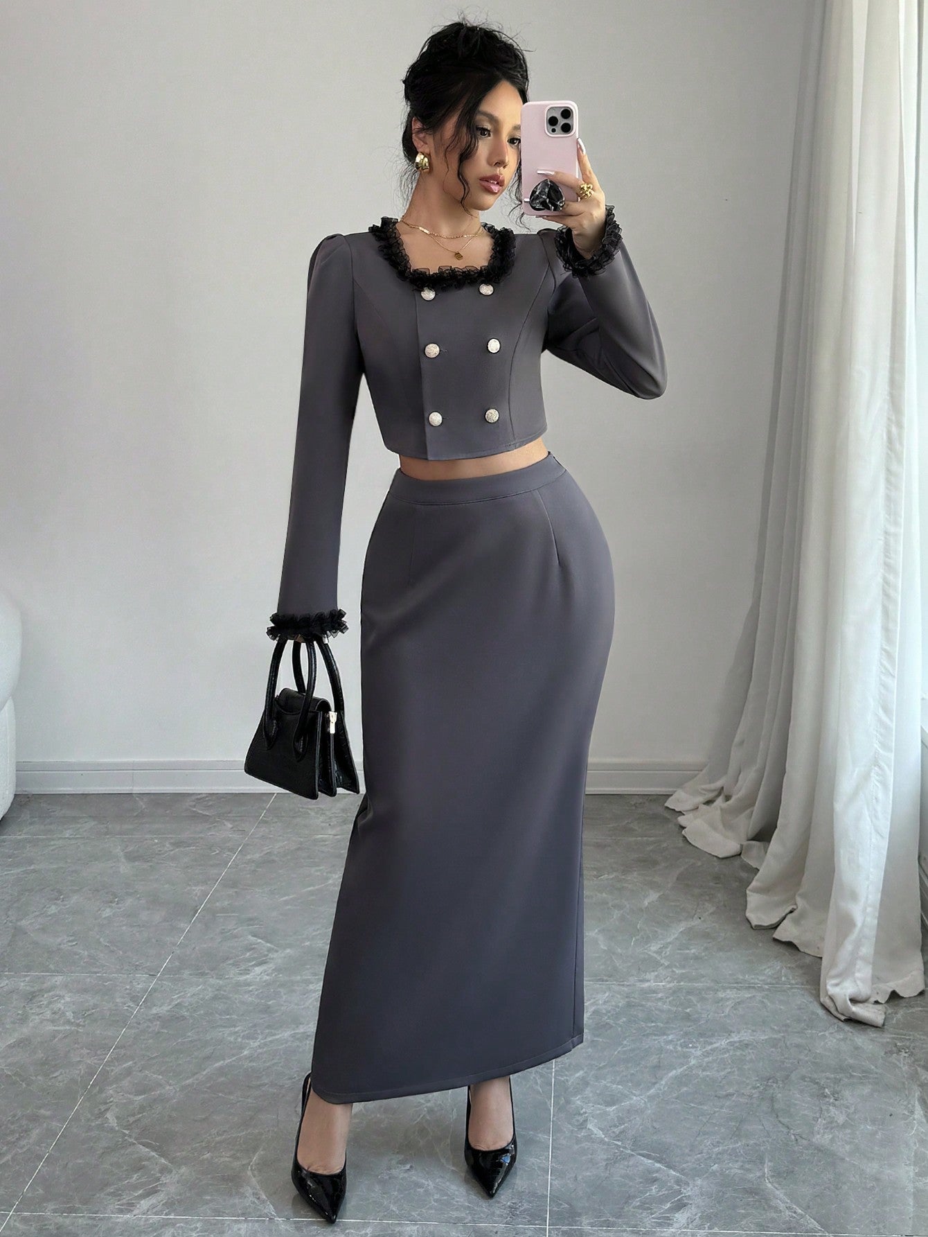 2pcs/Set Women Lace Trim Button Waist Decorated Long Sleeve Top And Skirt, Elegant Outfit - Negative Apparel