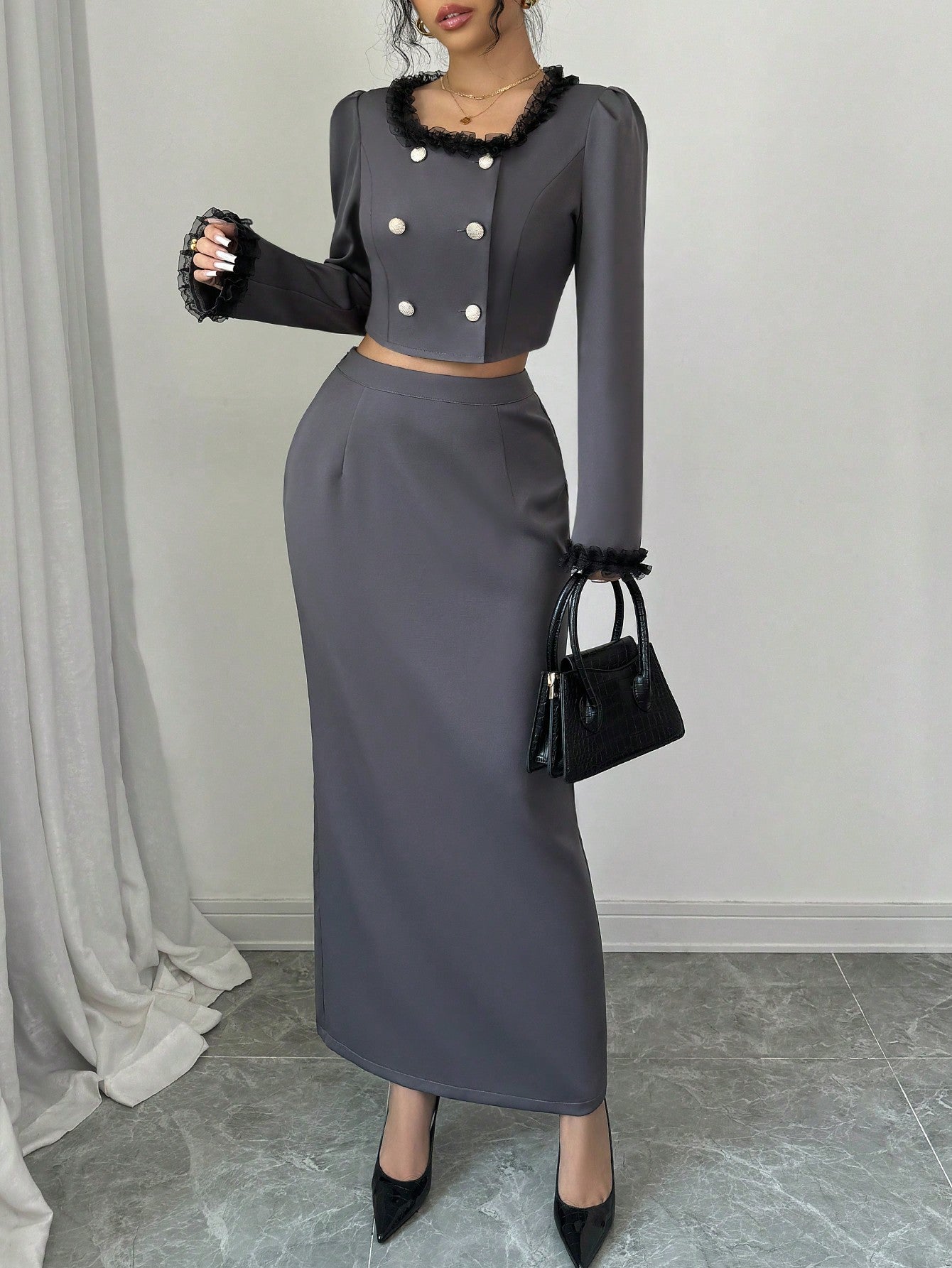 2pcs/Set Women Lace Trim Button Waist Decorated Long Sleeve Top And Skirt, Elegant Outfit - Negative Apparel