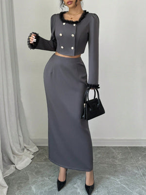 2pcs/Set Women Lace Trim Button Waist Decorated Long Sleeve Top And Skirt, Elegant Outfit - Negative Apparel